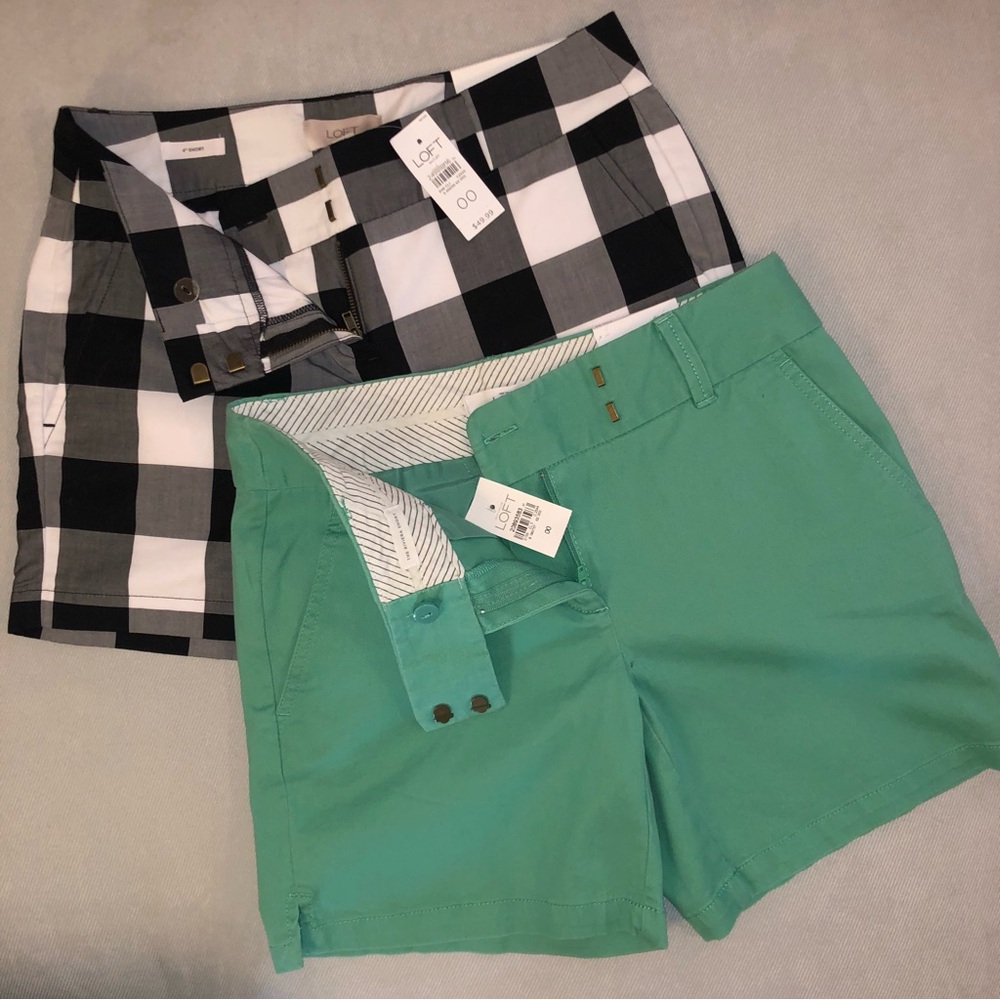 Lot of 2! LOFT Ann Taylor Sz 00 Women’s Black + White Plaid, Green Chino Shorts